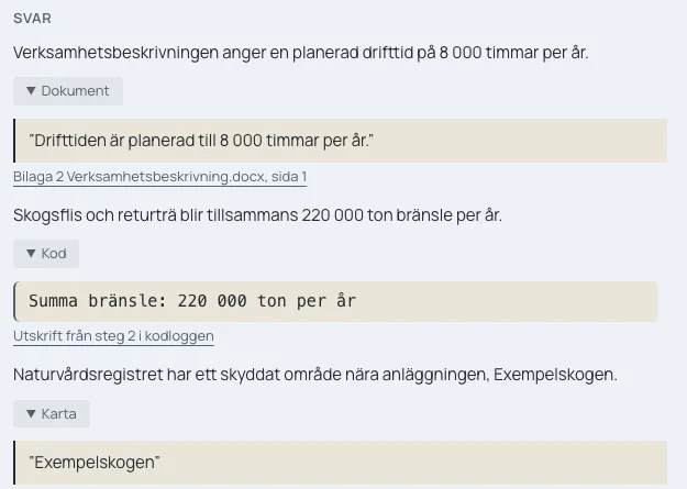 Assistentens svar. Under varje mening står citatet och källan, till exempel en bilaga och sidnummer.