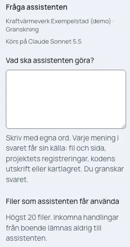 Assistentens panel. Du skriver vad den ska göra med egna ord och väljer vilka filer den får använda.