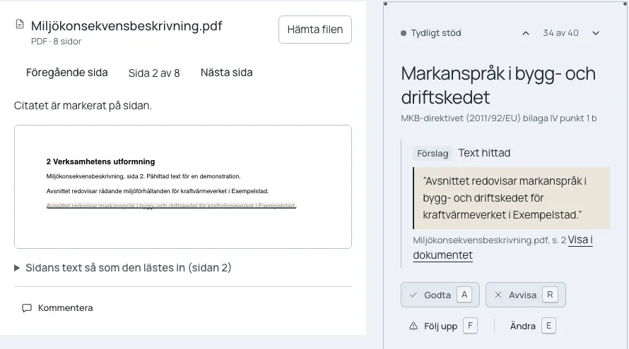 Ett fynd i en miljökonsekvensbeskrivning, med citatet markerat på sidan.