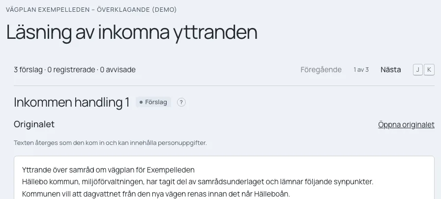 En inkommen handling i ett överklagande, läst in som förslag med originaltexten bredvid.