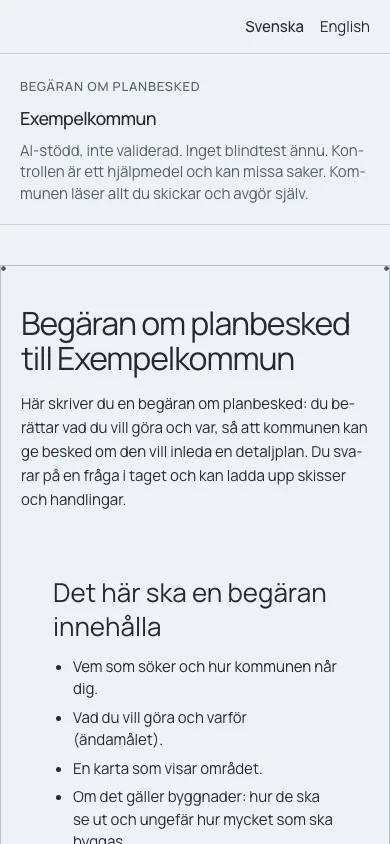 En begäran om planbesked till en påhittad kommun, på en telefon.