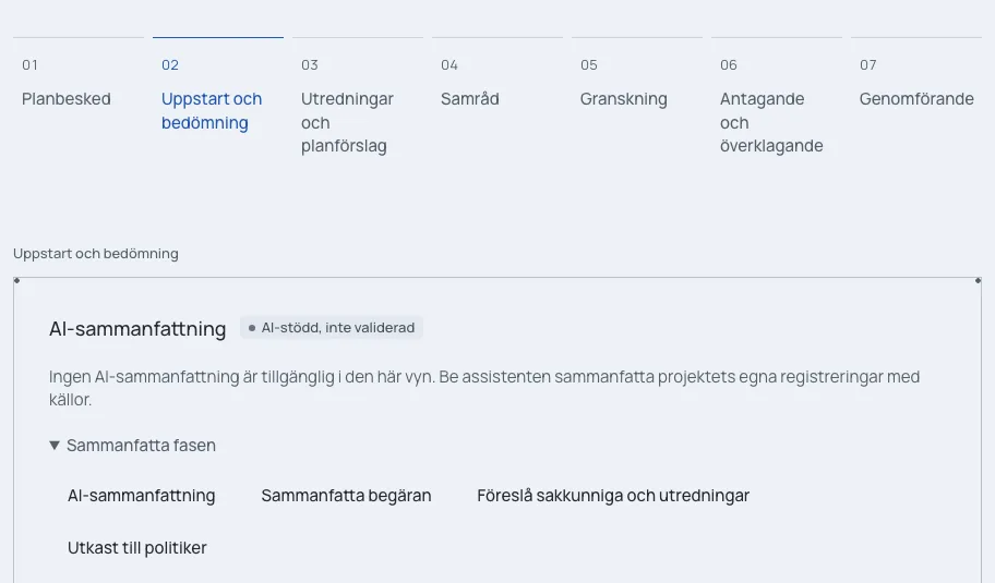 Ett demoprojekt i Hörsam. Projektets sju faser står i rad, med Uppstart och bedömning markerad, och under dem de jobb assistenten kan göra i fasen.